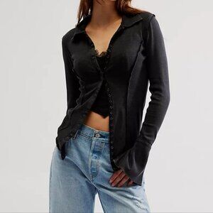 NWT large Free People Button Up Dropping Tears Shirting Long Sleeve